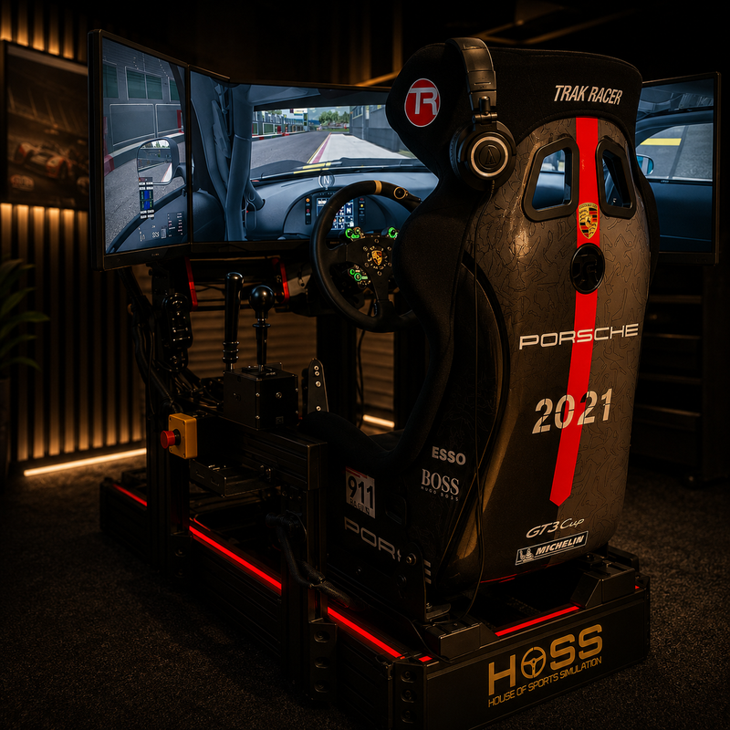 SimLab PC with green RGB lighting - Gold Triple Screen Simulator